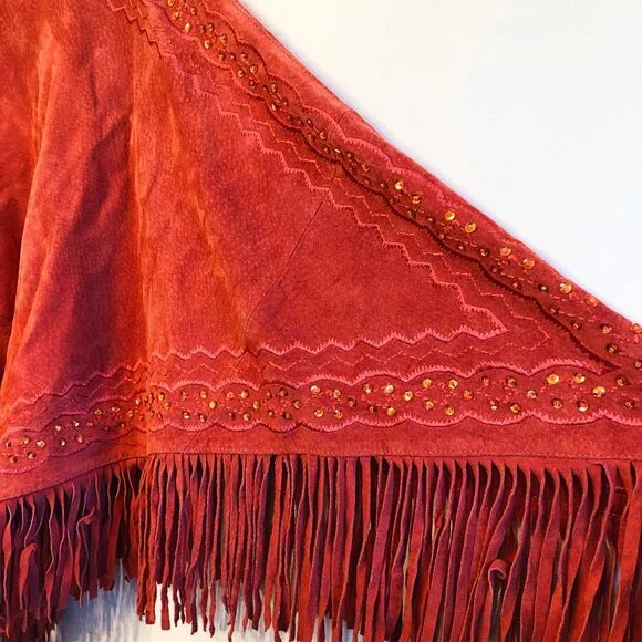 Western Boho Suede Leather Fringe Poncho Cape Rust Terracotta Newport News SM - Picture 10 of 13